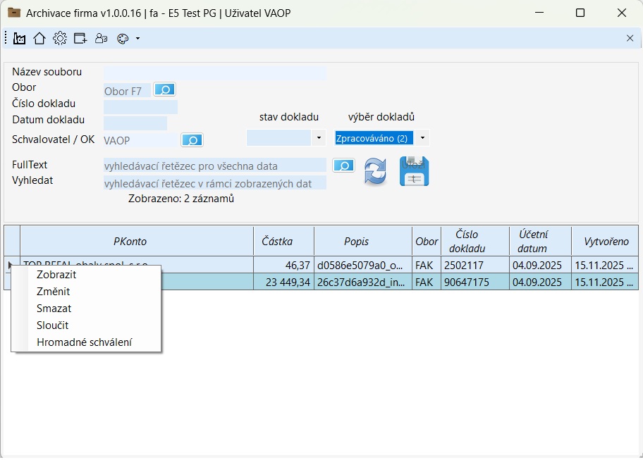 Klient OSGArchiv - detail stavu